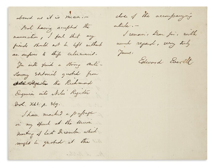 EVERETT, EDWARD. Autograph Letter Signed, to Alexander Boteler, requesting that he publish in...