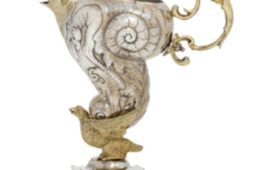 A GERMAN PARCEL-SILVER-GILT WINE-JUG, THE BODY MID-17TH CENTURY, THE FOOT POSSIBLY ASSOCIATED, LATER STRUCK WITH PSEUDO MAKER'S MARK HHM MONOGRAM AND PSEUDO AUGSBURG TOWN MARK