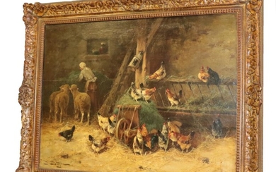 Jules Bahieu (fl.1860-1895) Belgian Chicken and sheep in a barn...