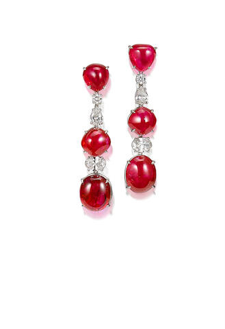 A Pair of Ruby and Diamond Pendent Earrings