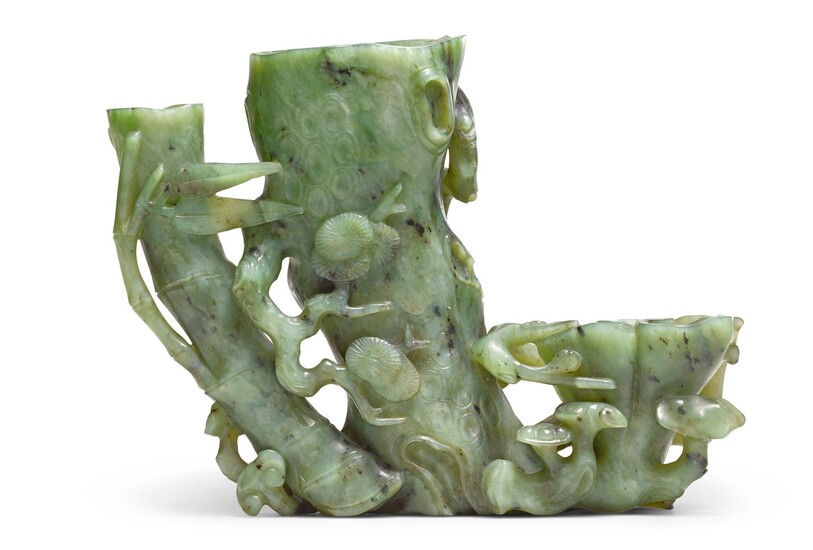 A SPINACH-GREEN JADE 'THREE FRIENDS OF WINTER' VASE GROUP QING DYNASTY, 18TH/19TH CENTURY