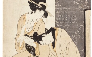 ATTRIBUTED TO KITAGAWA UTAMARO I (1750s–1806) A COURTESAN SUPPORTING A SORROWFUL YOUNG MAN IN FRONT OF A SCREEN EDO PERIOD, LATE 18TH CENTURY