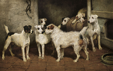 JOHN EMMS (BRITISH, 1841-1912), Terriers at a Stable Door, 'A Distant Relative'