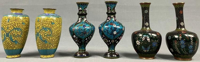 6 cloisonné vases. (3 pairs). Probably Japan