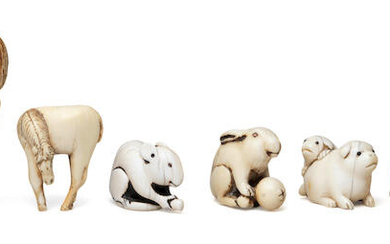 Five ivory and one bone animal netsuke