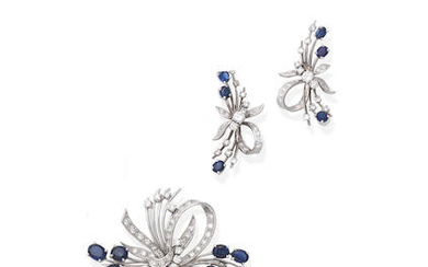 A sapphire and diamond brooch and earring suite,, 1969