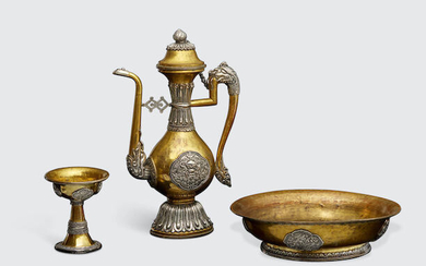 A GROUP OF THREE GILT COPPER ALLOY AND SILVER RITUAL VESSELS
