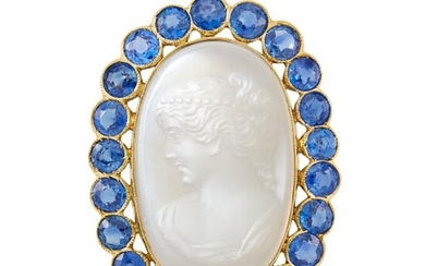 Gold, Carved Moonstone and Sapphire Brooch