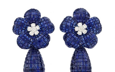 Pair of White Gold, Invisibly-Set Sapphire and Diamond Flower Pendant-Earclips