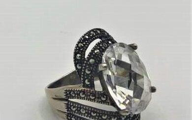 .925 Sterling Ring Large Faceted Crystal & Marcasites