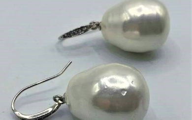 .925 Sterling Silver Large Faux Pearl Earrings with CZ