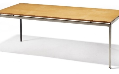 Poul Kjærholm: “Professor Table”. Work desk with frame of grey and black painted iron. Top of oregon pine.