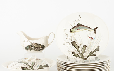 A 12-piece flintware 'Fish' tableware set, Johnson Bros, England, mid 20th century.