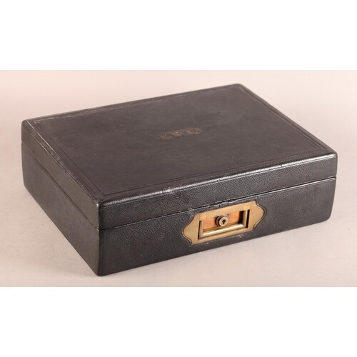 A 19TH CENTURY BLACK LEATHER WRITING BOX by Fisher, 183 Stra...