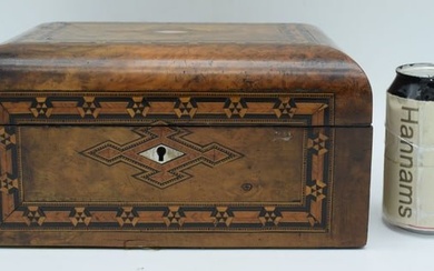A 19th Century inlaid wooden sewing box with central mother of pearl central decoration 14 x 28 x 14