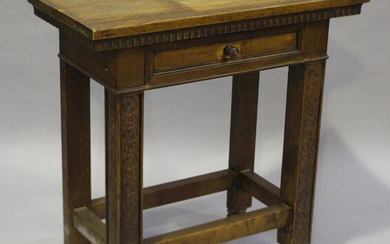 A 20th century French oak side table, fitted with a single drawer, height 85cm, width 84cm, depth 40