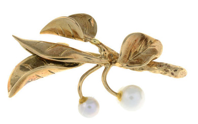A 9ct gold cultured pearl foliate brooch, by Cropp & Farr.