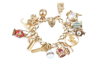 A 9ct gold curb link charm bracelet, with padlock clasp,...