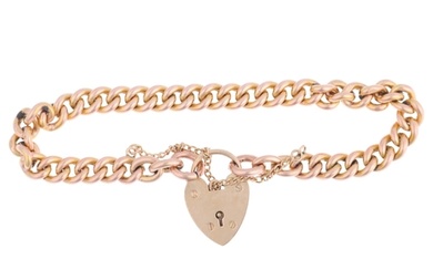 A 9ct rose gold solid curb link chain bracelet, with 9ct hea...