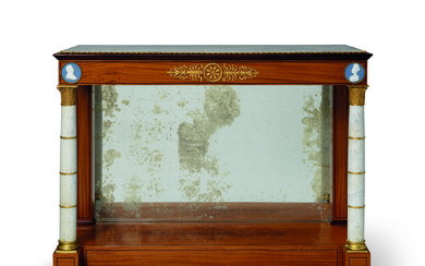A CHARLES X ORMOLU AND SEVRES-PORCELAIN-MOUNTED SATINWOOD, AMARANTH MARQUETRY AND MARBLE CONSOLE TABLE