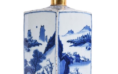 A CHINESE BLUE AND WHITE PORCELAIN SQUARE SECTION BOTTLE AND GILT METAL STOPPER WITH SCREW TOP