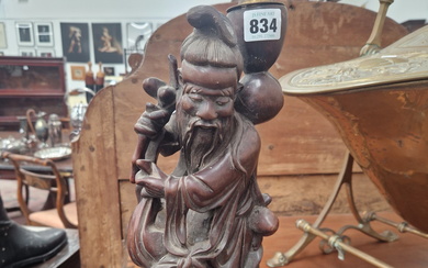 A CHINESE CARVED WOOD FIGURE OF A DAOIST IMMORTAL AS A TABLE LAMP