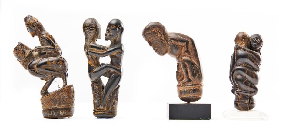 A COLLECTION OF FOUR INDONESIAN FIGURAL CARVED HORN HANDLES CIRCA 19TH CENTURY