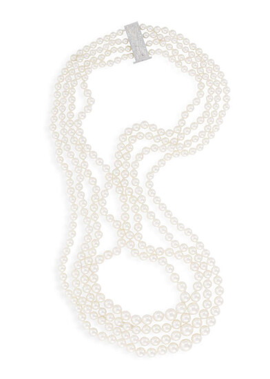 A CULTURED PEARL NECKLACE The four rows of...