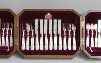 A Cased Set of Twelve Victorian Silver and Mother-of-Pearl Fruit-Eaters,...