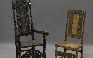 A Charles II walnut framed armchair with carved scroll decoration, height 139cm, width 63cm, togethe