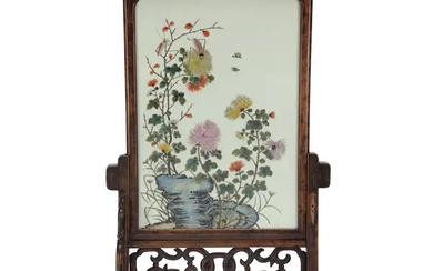 A Chinese famille rose table screen Early 20th century Finely painted with...