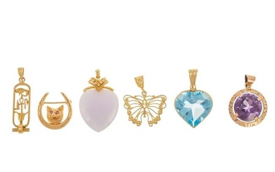 A Collection of Six Pendants & Pins in 14K