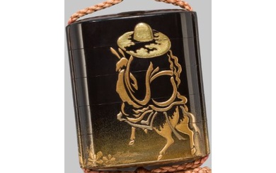 A FINE BLACK LACQUER FOUR-CASE INRO DEPICTING TOBA ON HIS MULE