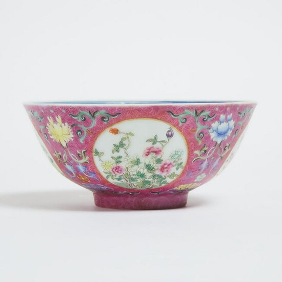A Famille Rose Sgraffito Ruby-Ground 'Medallion' Bowl
