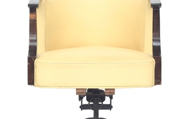 A French Art Deco style swivel tub bergere desk chair, cream...