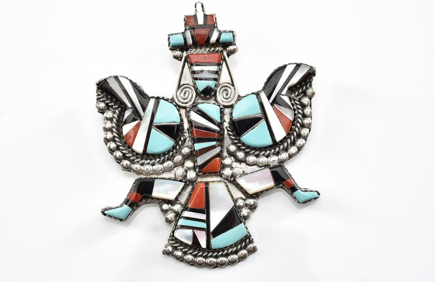 A GEOMETRIC INLAY KNIFEWING JEWELLERY SUITE IN STERLING SILVER SET WITH MOTHER OF PEARL, PENN SHELL, CORAL AND TURQUOISE BY HERBERT...