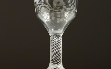 A GEORGIAN WINE GLASS, the bowl engraved with flowers