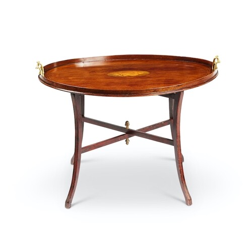 A George III mahogany and marquetry oval tray on later stand...