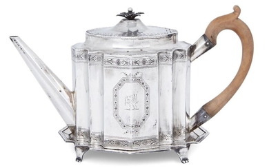 A George III silver teapot on an associated stand, the teapot London, 1788, Charles Hougham, the stand London, 1789, Elizabeth Jones, both of shaped oval form and decorated with bright cut engraving, with matching monograms, teapot 14.7cm high...