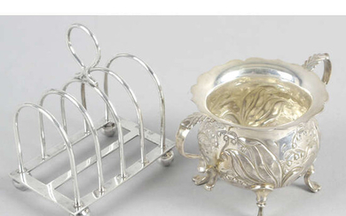 A George V small silver toast rack, together with a modern twin-handled sugar bowl. (2).