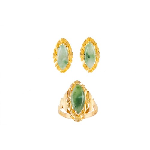 A JADE RING, mounted in 18ct yellow gold, together with a pa...