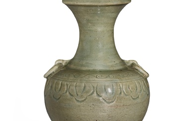 A Korean celadon vase, Goryeo dynasty, 11th century 高麗王朝十一世紀 青釉貼雙環耳花瓣紋盤口尊