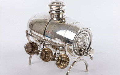 A LARGE SILVER PLATED WINE DISPENSER WITH SIX SILVER CUPS