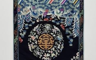 A LONG CHINESE QING DYNASTY SILK PANEL EMBROIDERED WITH SHOU CHARACTER ROUNDELS