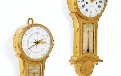 A LOUIS XVI MATCHED ORMOLU CLOCK AND COMPANION BAROMETER, CIRCA 1775, THE BAROMETER FORMERLY FITTED AS A CLOCK