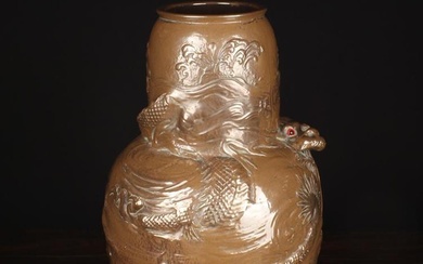 A Large and Rare 19th Century Bretby Japonisme Vase. The brown-glazed baluster body resembling Orien