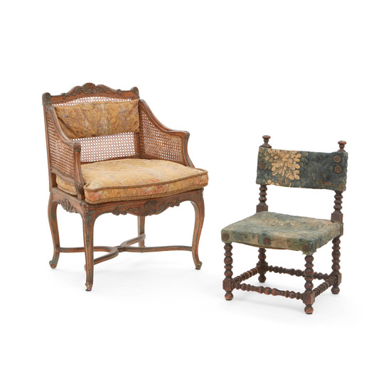 A Louis XV Painted and Caned Bergere and a Baroque Style Tapestry Upholstered Petit Chair