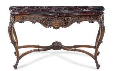 A Louis XV Style Carved Oak Marble-Top Console Table