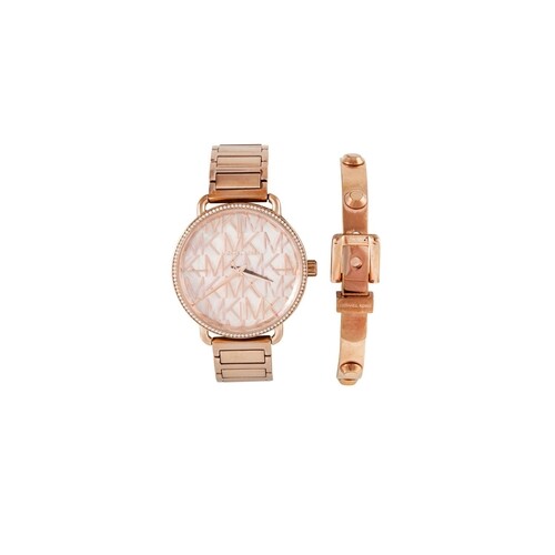 A MICHAEL KORS BRACELET WATCH, together with a bangle, in po...