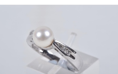 A MODERN 9CT WHITE GOLD CULTURED PEARL AND DIAMOND RING, set...